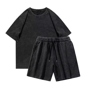 Ensemble T-shirt et short en coton surdimensionné personnalisé OEM, ensemble de shorts tricotés pour hommes, ensemble deux pièces unisexe délavé à l'acide vintage - Product Image 1