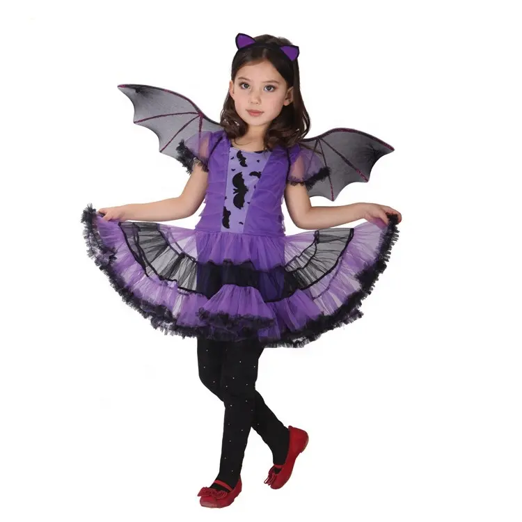 Paars Bat Kostuums Met Vleugel Hoofdband Voor Meisjes Halloween Kids Prinses Cosplay Kostuums Voor Meisjes Party Dress Set