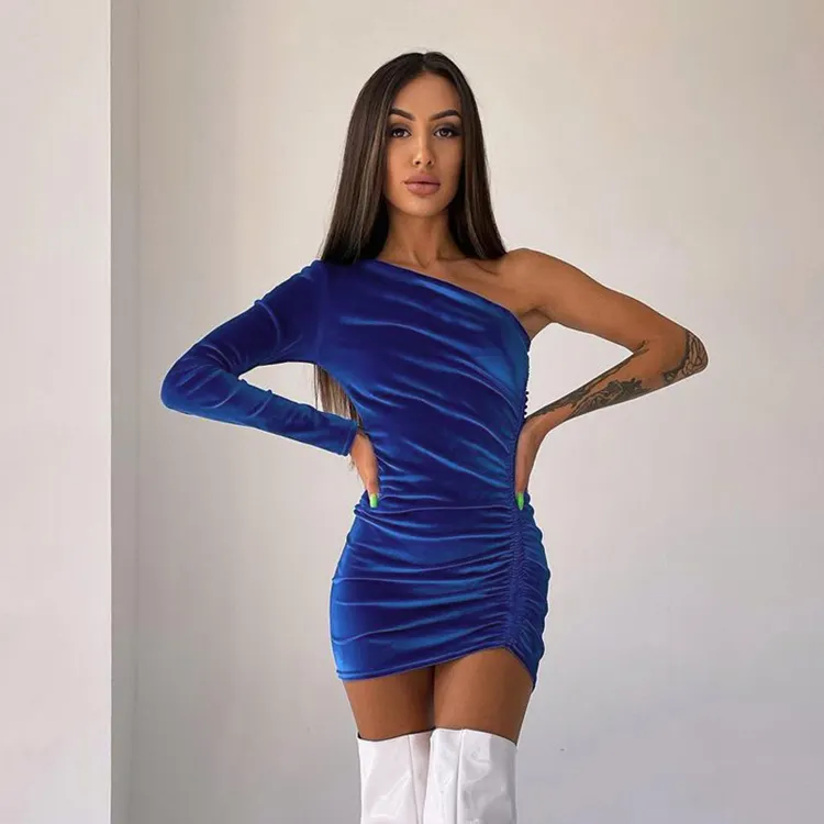 패션 새로운 항목 한 어깨 셔링 Vestidos Mujer 섹시한 클럽 블루 긴 소매 미니 Bodycon 드레스