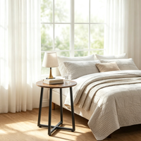 Mesa Auxiliar Redonda con Tapa de Madera y Estructura Metálica Industrial, Mesa Auxiliar Circular Pequeña para Sofá, para Sala de Estar, Dormitorio, Decoración del Hogar