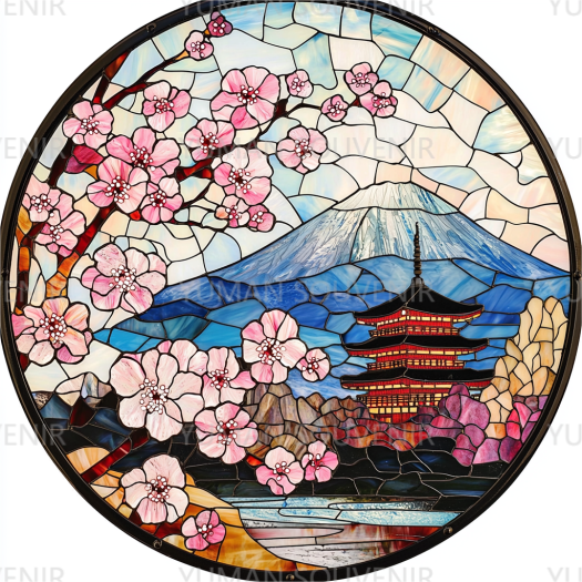 日本の桜と富士山をテーマにした手作りステンドグラスの壁掛け装飾