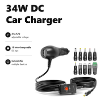Chargeur de voiture 34W 3V-12V avec 10 embouts et adaptateur allume-cigare USB pour lecteur DVD portable, caméra embarquée, tire-lait, haut-parleur