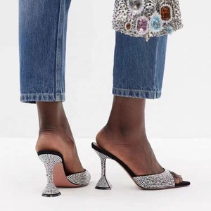 Nouvelles sandales d'été pour femmes à talons chaton hauts, bout pointu ouvert, mules à talons aiguilles ornées de strass brillants - Product Image 2