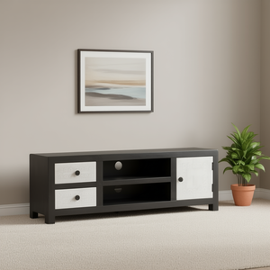 Mobile TV in Legno Massello di Mango Grigio Bianco, Moderno ed Elegante, per Soggiorno, Montaggio a Pavimento - Product Image 2