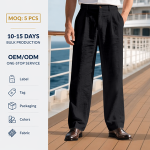 Pantaloni Lunghi Casual da Uomo Neri in Misto Cotone e <span class=keywords><strong>Lino</strong></span> Traspiranti a Gamba Dritta per l'Estate e la Spiaggia - Collezione 2026 - Product Image 1