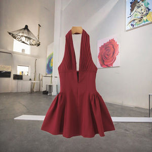 Gaun Mini Halter Kasual Musim Panas Diskon Besar untuk Wanita Merah Tanpa Lengan Punggung Terbuka Gaya Vintage Korea untuk Klub, Hari Raya, dan Prom - Product Image 3