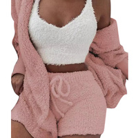 Ensemble trois pièces décontracté et sportif en flanelle thermique pour femme, nouvelle collection automne/hiver : haut à manches longues, débardeur court et short