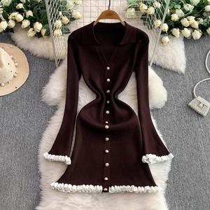 Vestido Francés Coqueto y Sexy para <span class=keywords><strong>Mujer</strong></span>, Cuello en V, Manga Larga, Cintura Alta, Corte Ajustado, Elegante y Versátil, Mini Vestido de Otoño - Product Image 6