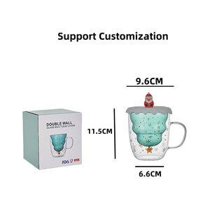 Taza de café de vidrio de borosilicato con forma de árbol de <span class=keywords><strong>Navidad</strong></span> de 10oz al por mayor, vasos de leche con aislamiento de doble pared con tapa y Asa - Product Image 2