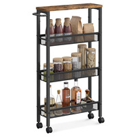 Chariot de rangement mobile à 4 niveaux avec plateau en bois, étagère de cuisine sur roulettes, chariot utilitaire pour espaces étroits