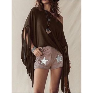 FOXA Haut asymétrique à franges et épaules dénudées pour femme, style bohème, à manches courtes, respirant, pour les loisirs - Product Image 3
