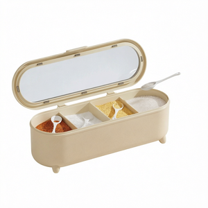 Contenedor de Especias de 4 Compartimentos con Tapa Abatible y Cucharas, Caja de Condimentos Beige, Organizador de Condimentos, Mantiene la Frescura - Product Image 1