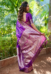Regal <b>Purple</b> Banarasi Soft Silk <b>Saree</b> With Intricate Jaal Weave And Lustrous Zari Detailing Perfect For Celebrations - Product Image 6
