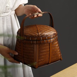 Hand Woven <b>Bamboo</b> <b>Basket</b> Rectangle With Lid Small Portable Storage For Outings Spring Autumn Use - Product Image 3