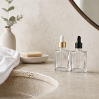 Vente en gros de flacons carrés en verre vides avec bouchon doré, flacon compte-gouttes transparent, emballage cosmétique, conteneur, fournitures