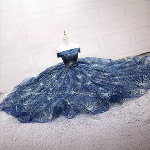 Off The Shoulder Evening Gown Dark Blue Sequins Glitter Full Length Formal Dress For Banquet Fashion Show Performance - Product Image 4