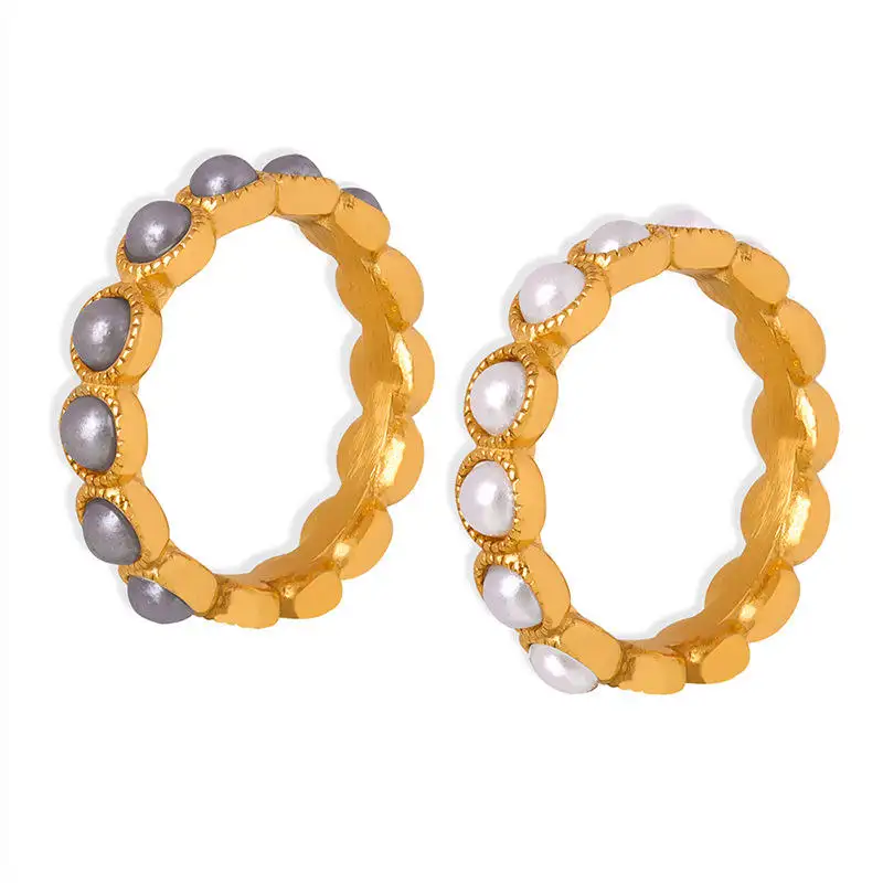 Nouveau prix de gros à la mode en acier inoxydable plaqué or perle anneaux bijoux femmes eau douce baroque perle perle anneau