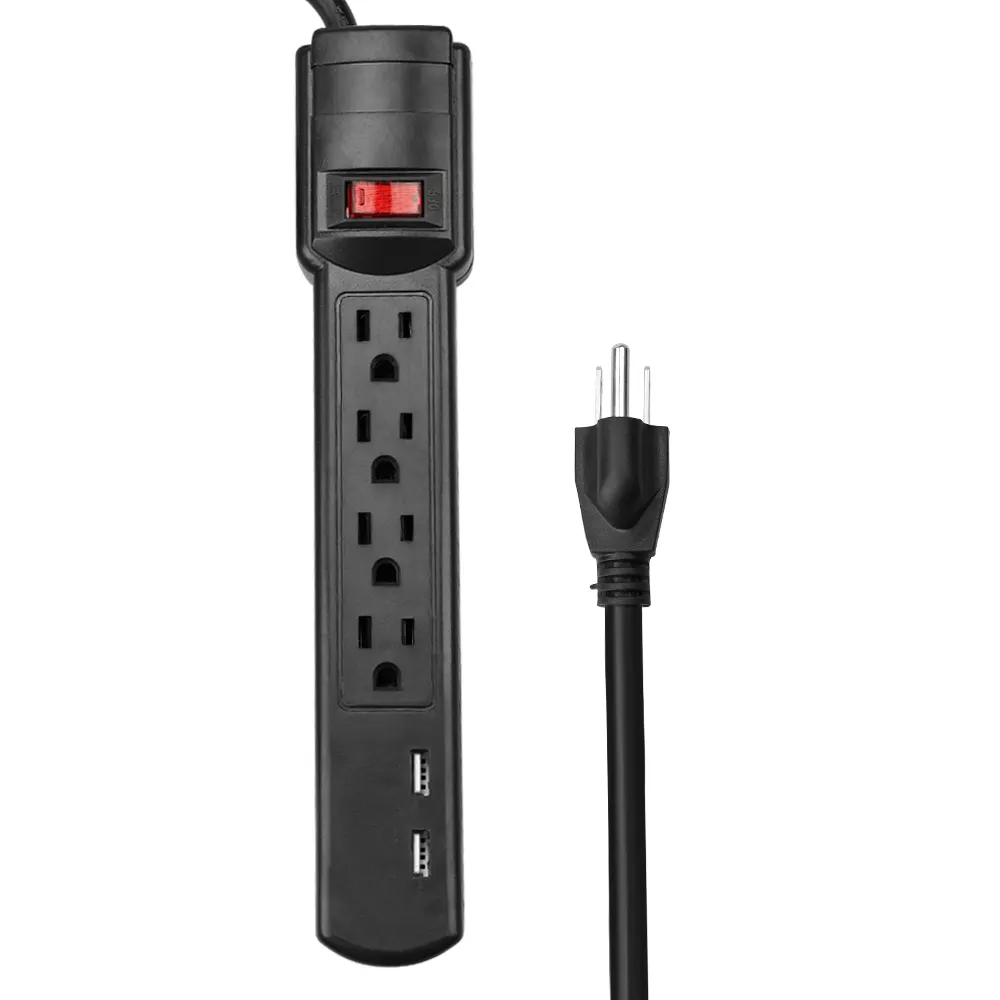 Cor preta 4 tiras do poder do protetor do impulso das saídas com 2 porta usb, barra do poder 15A 125V com interruptor do RESET