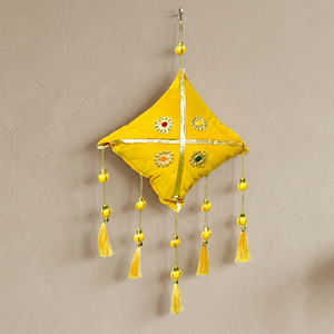 Handcrafted Yellow Traditional <b>Decorative</b> Cotton Gujarat Float Wall Hanging with Tassels and Mirror Work - Product Image 3
