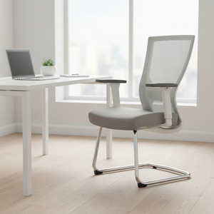 Chaise de bureau à dossier en maille, pieds fixes en métal, gris et blanc, chaise de réunion pour le personnel, respirante, confortable, chaise de réception, vente en gros - Product Image 4