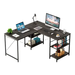 BESTIER Large Office Writing Storage Workstation Reversible Corner Computer 2 People Long Table L Shaped Desk with Shelves