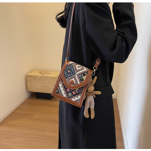 Bohemian <strong>Ethnic</strong> Style Geometric Pattern Women Crossbody <strong>Mobile</strong> Phone <strong>Bag</strong> With Rabbit Pendant Fashion Pu Leather Small Square <strong>Bag</strong> - Product Image 4