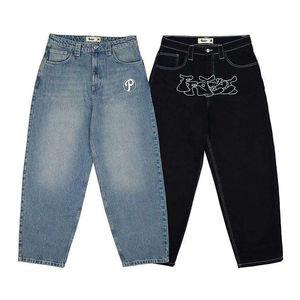 Jeans Personalizados con Logotipo Bordado Estilo Retro Americano, Jeans Anchos con Lavado Ácido, Pantalones Holgados, Ropa Urbana Hip Hop, Jeans para Hombre Tallas Grandes - Product Image 1