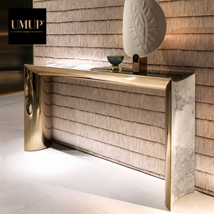 Table console moderne de luxe en acier inoxydable avec plateau en marbre naturel pour salon, couloir, entrée d'hôtel, meubles de maison - Product Image 2