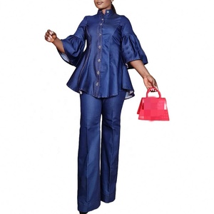 Trendy Design 2 Piece <strong>Denim</strong> Sets <strong>for</strong> <strong>Women</strong> High Collar Flare Sleeve <strong>Denim</strong> Top and Straight Leg Jeans Set <strong>for</strong> <strong>Women</strong> - Product Image 2
