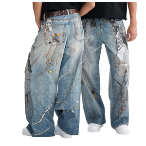 100% 면 힙합 스트레이트 와이드 레그 패션 캐주얼 독특한 패턴 데님 빈티지 바지 남여 공용 프리미엄 헐렁한 남성 청바지 바지 - Product Image 1