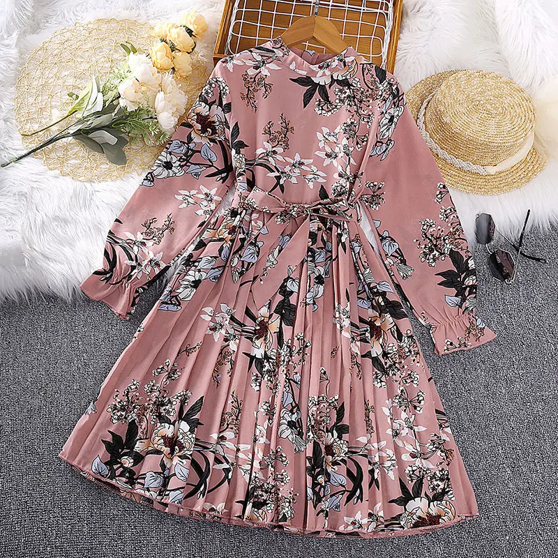 High Quality Summer Children Dress Kids Big Girl Dress Pleated Linen Dress 3 Colors Long Sleeve Comfortable Style kid clothing