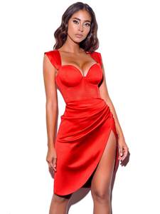 Red Suspender Split Sexy Off the Shoulder <span class=keywords><strong>Vestido</strong></span> de noche Ins Satin Mini Vestidos cortos - Product Image 5