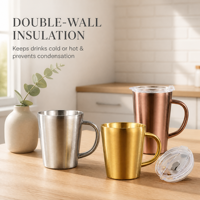 Mug à café à double paroi en acier inoxydable 304 avec poignée, mug à bière isolé, tasse à boire en métal de style coréen, or rose, 350 ml