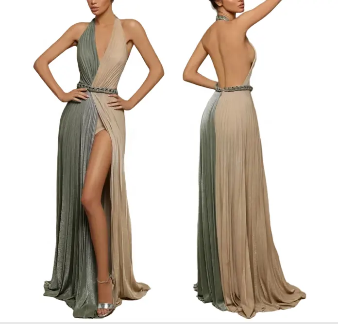 New banquet evening dress women party sheer back shiny mesh high slit pleating long elegant party contrast color wedding prom