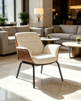 Fauteuil d'appoint commercial en bois courbé avec accoudoirs, revêtement en tissu, pieds en métal noir, chaise de loisirs pour hall d'hôtel, restaurant, mobilier de projet