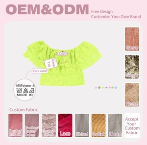 Chemisier court d'été pour fillette, couleur unie, avec dentelle florale, épaules dénudées et double volant, manches courtes, personnalisable OEM ODM - Product Image 2