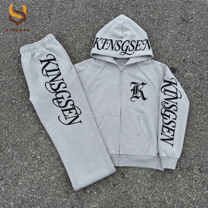Men's Tracksuit Hot Supplier Custom Screen Print Side logo <b>Zip</b> <b>up</b> <b>Hoodie</b> and Baggy Wide Leg Sweat Pants Set Joggers Sweatsuit - Product Image 1