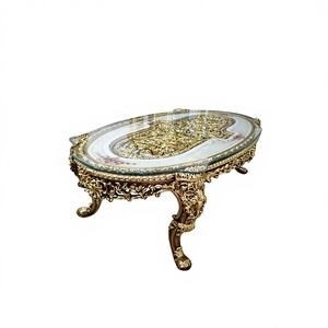 Taburete Redondo de Madera Maciza Hecho a Mano en Oro Antiguo, Mueble Decorativo para Sala de Estar - Product Image 1