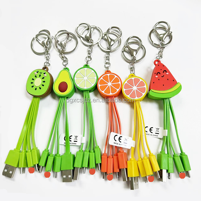 Hot Selling USB Cable Custom Any Design Cartoon Fruits Animal Brand logo 3D Topper Custom Keychain Type-C 3 in 1 USB Cable