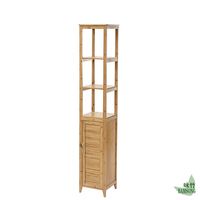 Armoire de rangement haute en bambou naturel pour salle de bain, 3 étagères ouvertes, porte simple à persiennes, autoportante, étroite, organisateur latéral pour buanderie et toilettes