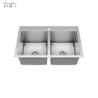 Évier de cuisine artisanal en acier inoxydable T304 de calibre 16, double bac de 10 pouces de profondeur, à un trou, moderne, à montage sur le dessus avec égouttoir