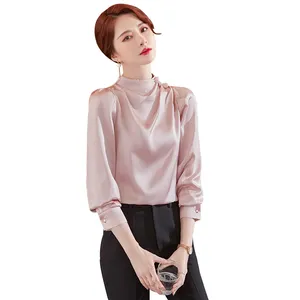 Wholesale High Quality New Elegant Female Loose Shirt P Casual Women Tops Long Sleeve Silk Office Ladies Stand collar Blouse