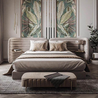 Lit double moderne en bois massif et tissu, style minimaliste italien, luxe léger, Wabi Sabi, design personnalisé, grand lit moelleux pour chambre principale