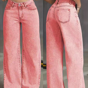 Jeans droits <span class=keywords><strong>taille</strong></span> haute pour femmes OEM - Style doux et épicé, pantalon décontracté ample, jeans baggy teints par pulvérisation rose pour femmes - Product Image 1