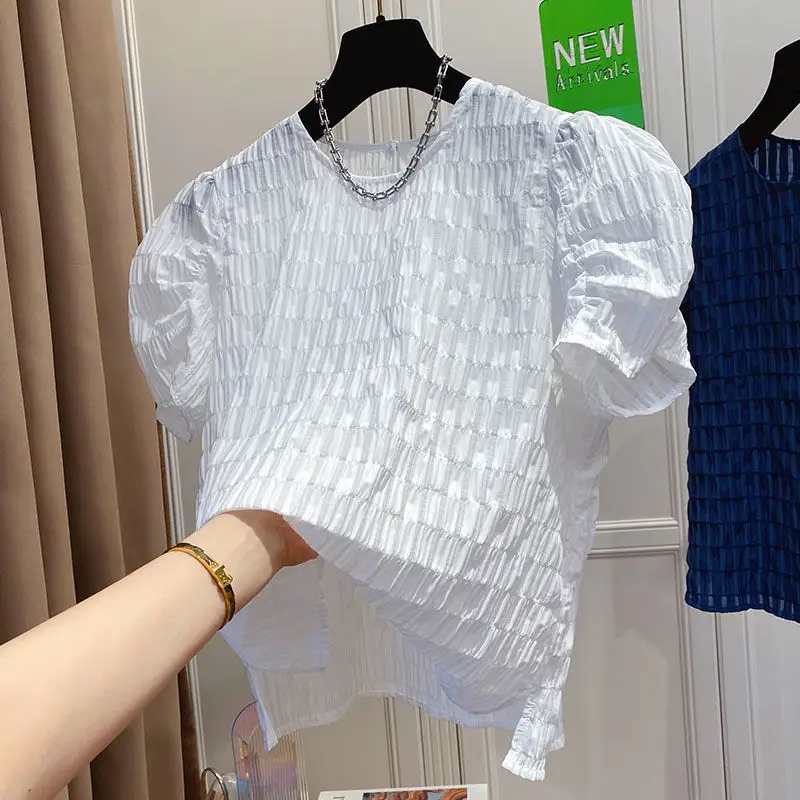 Boutique Wholesale 2022 Summer Design Sense Niche Loose Plaid Pleated Puff Sleeve Top Women's Short-sleeved Women's Blouses