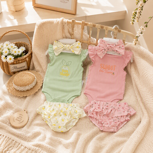 MENGWI Set di Abbigliamento <span class=keywords><strong>per</strong></span> Neonati all'Ingrosso, Completo 3 Pezzi <span class=keywords><strong>per</strong></span> Bambine con Body a Maniche Corte e Pantaloncini a Quadri, 3-9 Mesi - Product Image 4