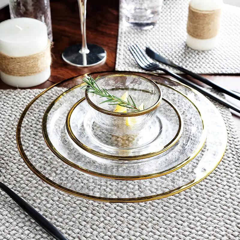 Haushalt langlebige Teller Glas Geschirr Set mit Gold Servieren Hochzeit Ladegerät Platte Glas Geschirr