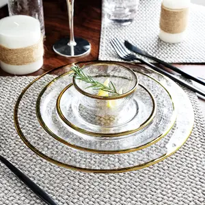 decorativo servir plato de vidrio Suppliers-Plato de cena duradero para el hogar, juego de vajilla de cristal con servicio de oro, cargador de boda, platos de vidrio