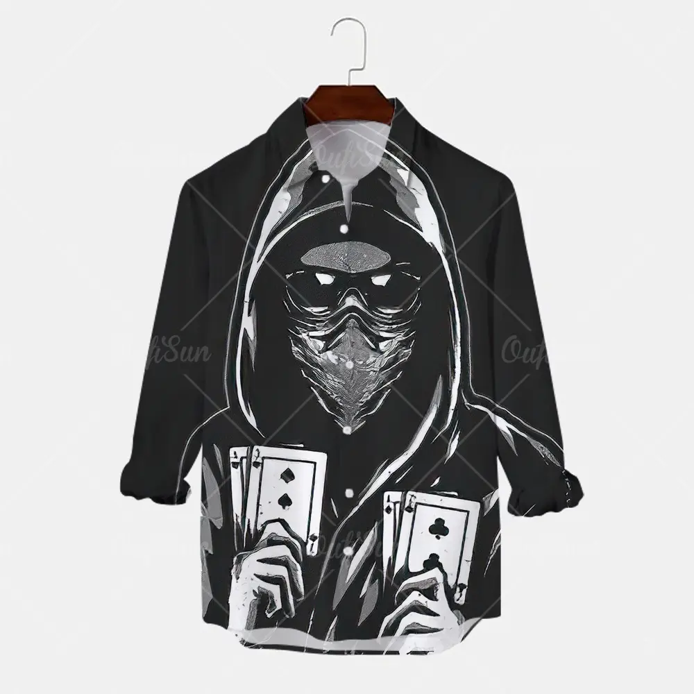 Fashion Men Shirts Single Breasted Shirt Casual Skull Face Print Long Sleeve Tops Men's Clothing Hawaii Club Cardigan