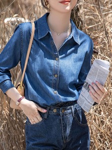 Camisas de Mezclilla con Cuello y Botones para Mujer, Estilo Casual de Otoño, Manga Larga - Product Image 2